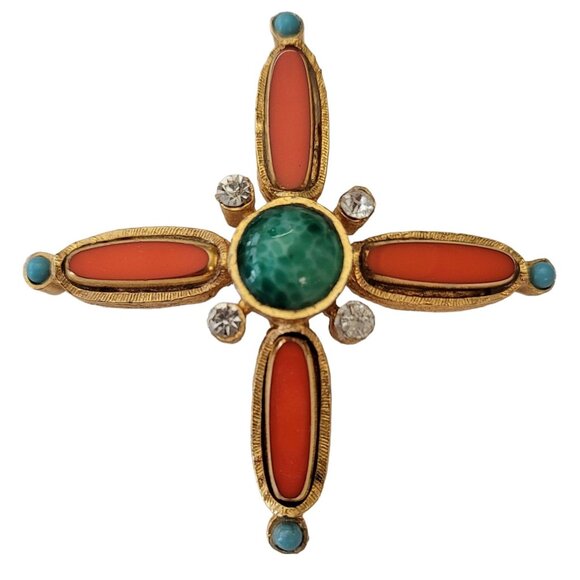 Gold Tone Orange Bezel Set, Green Mottled Cab Maltese Cross Brooch Pendant E782 - Picture 1 of 10